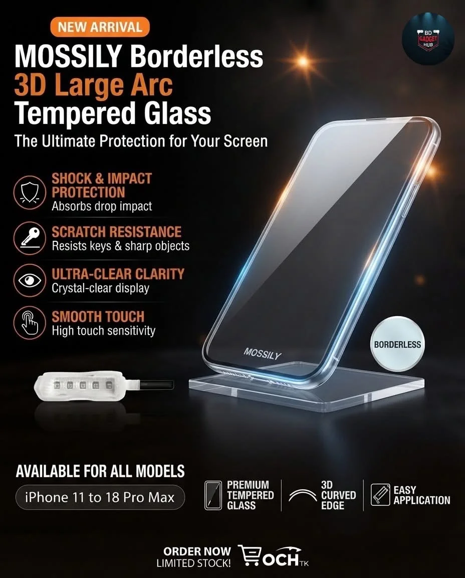 MOSSILY Borderless 3D Large Arc Tempered Glass Screen Protector